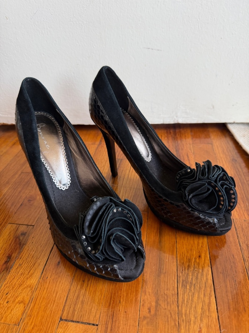 Black Peep-Toe Stiletto Heels with Floral Accent